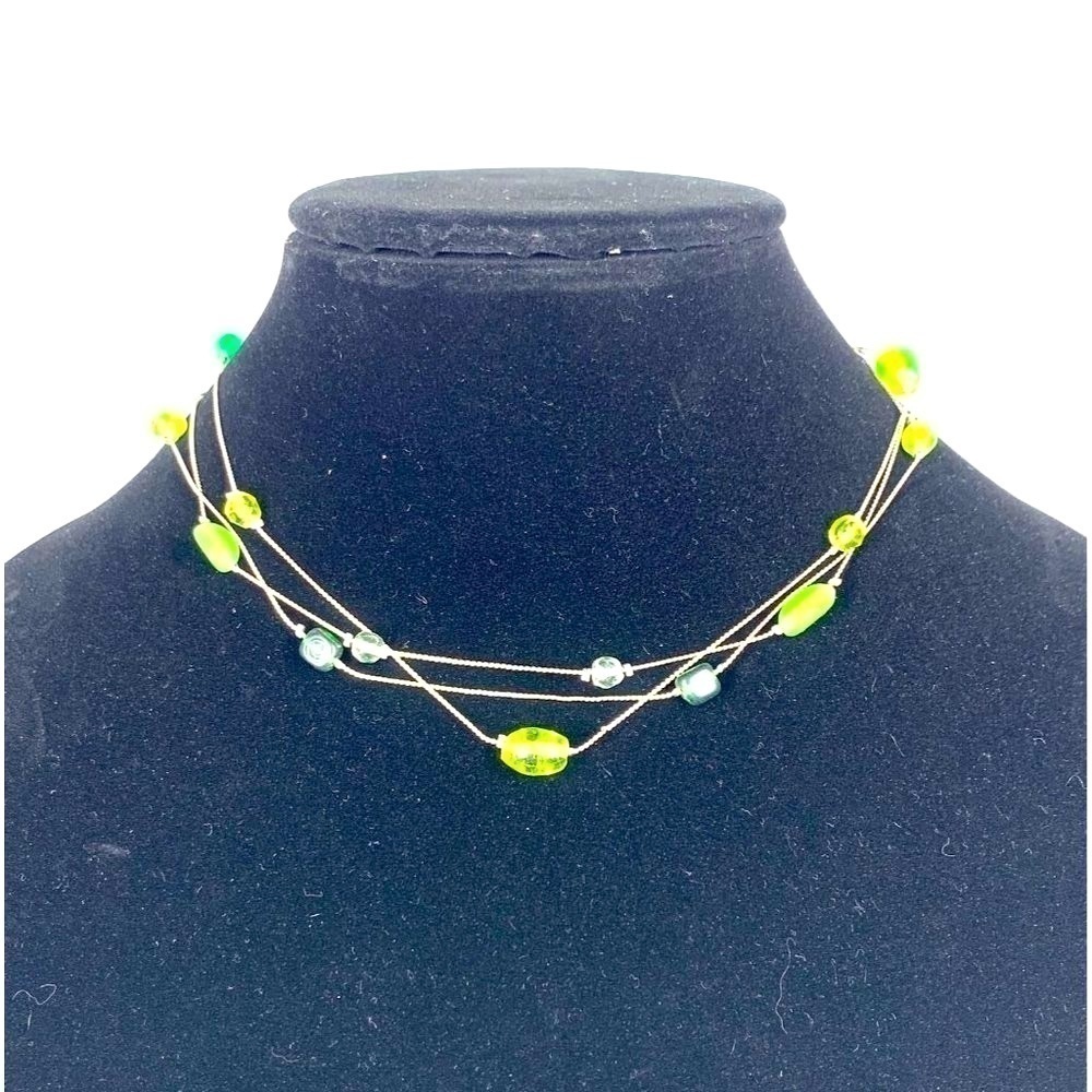 NY Brand Triple Strand Delicate Beaded Necklace Green/Silver Rope Chain